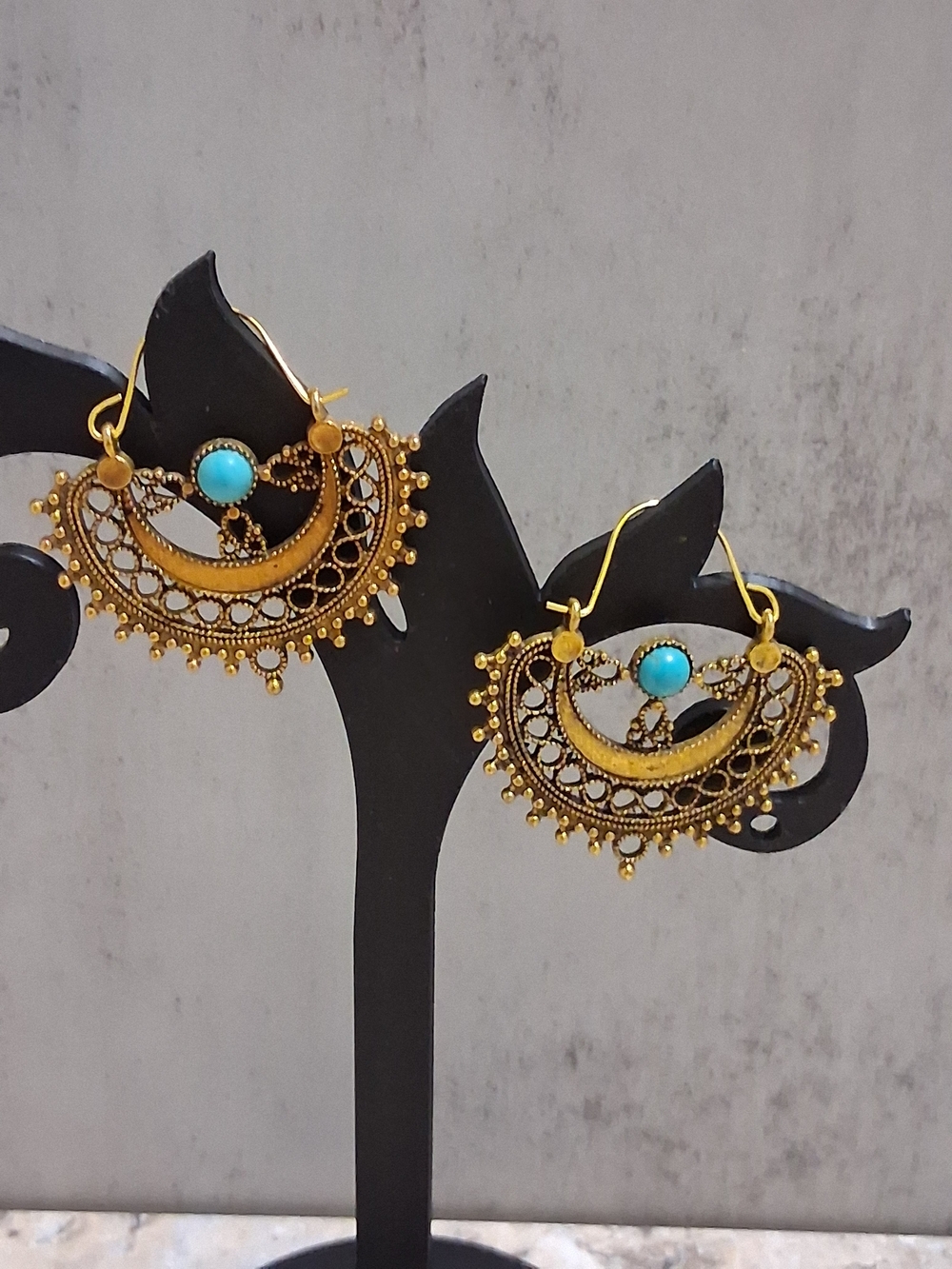 Gold-Tone Filigree Crescent Earrings with Turquoise Color Accent - Women Jewelry